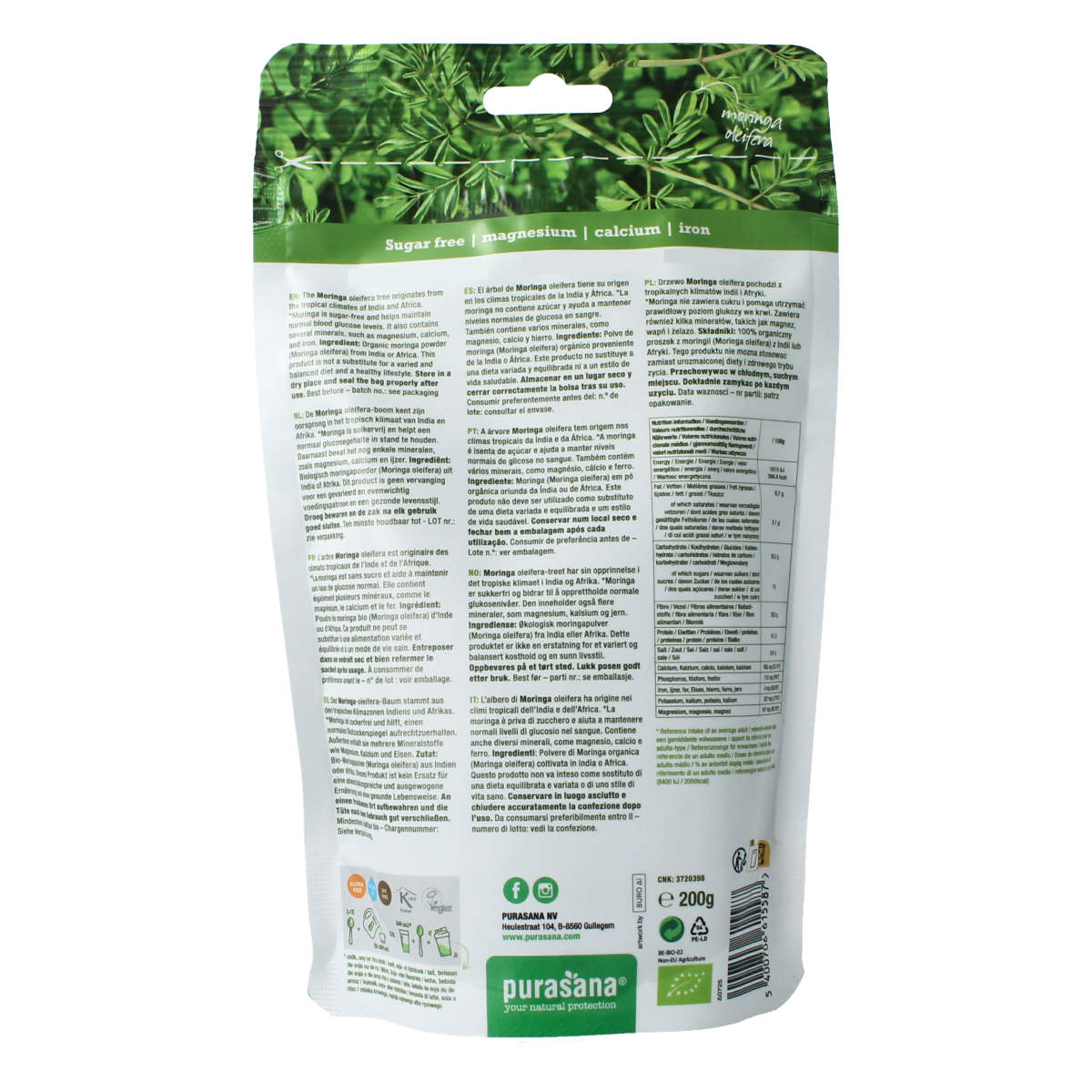 Purasana Moringa powder vegan bio, 200g, raw superfood in a clear resealable bag with green label and fresh green moringa leaves.