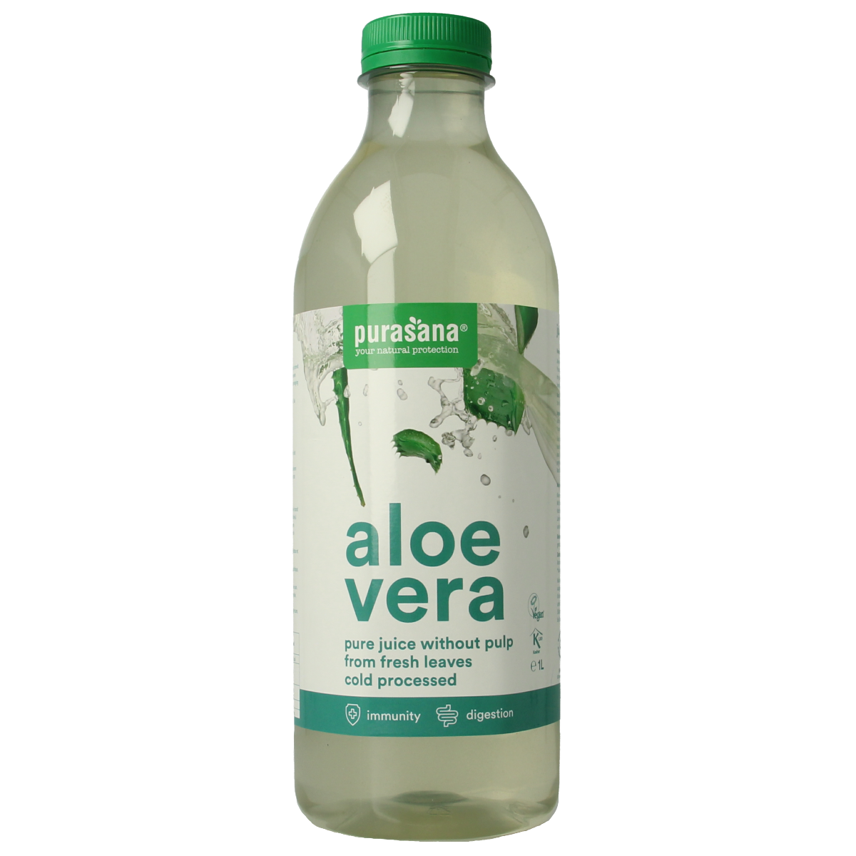 Purasana Aloe Vera Sap vegan bio in 1 liter bottle, natural herbal preparation with fresh aloe vera leaves.