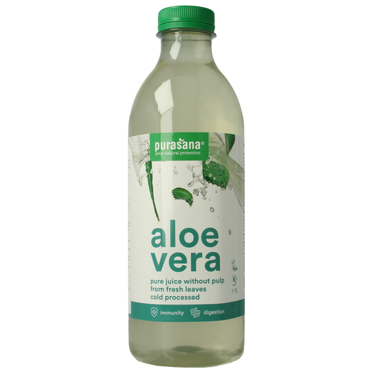Purasana Aloe Vera Sap vegan bio in 1 liter bottle, natural herbal preparation with fresh aloe vera leaves.