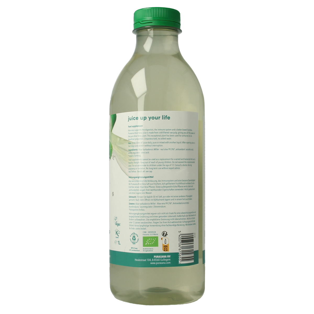 Purasana Aloe Vera Sap vegan bio bottle, 1 liter, herbal remedy in clear glass bottle with label and green cap