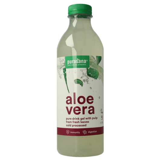 Purasana Aloe Vera drink gel vegan bio in 1 liter bottle, herbal supplement with fresh aloe vera visible in clear packaging.