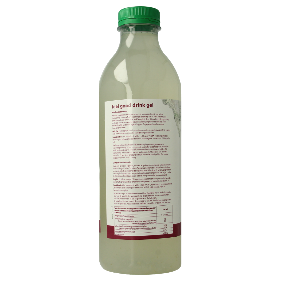 Purasana Aloe Vera drink gel in 1-liter vegan bio bottle, featuring fresh aloe vera leaves and transparent gel inside the bottle