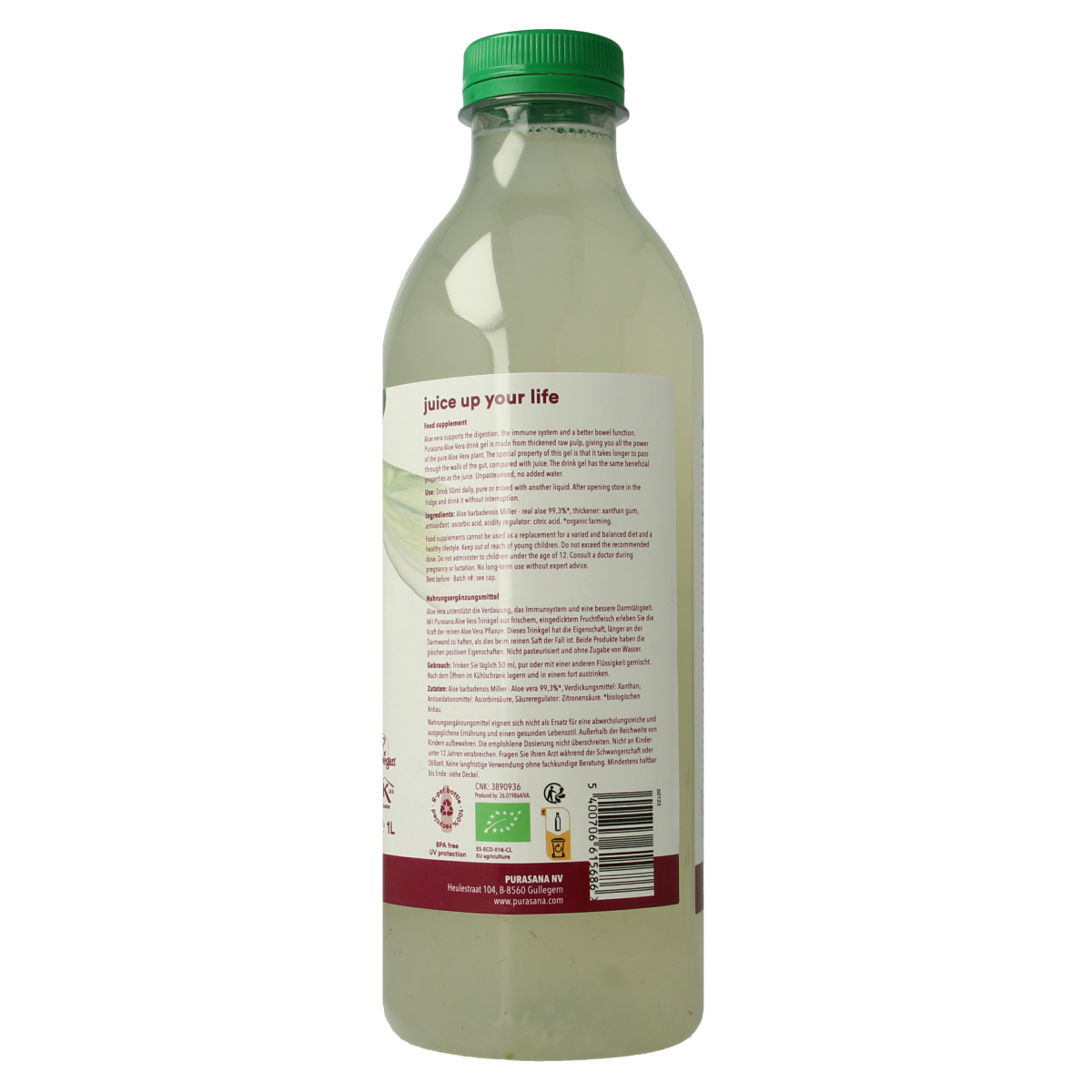 Purasana Aloe Vera Drink Gel vegan bio, 1 liter, herbal preparation in a clear bottle with green label