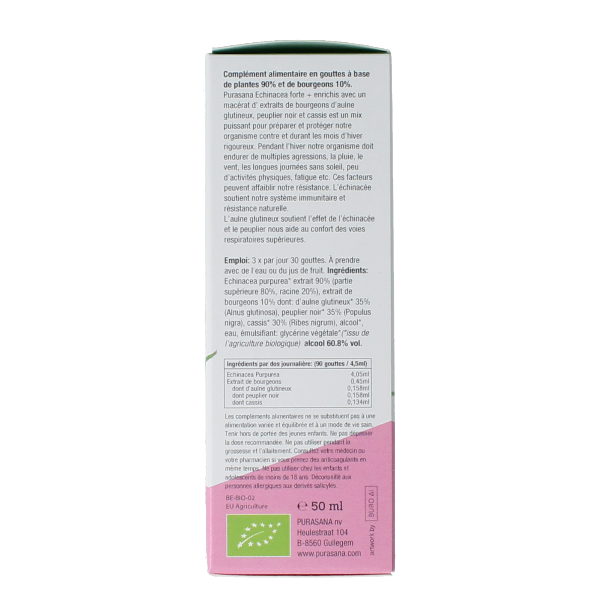 Purasana Echinacea Forte vegan herbal tincture in a 50ml bottle, featuring fresh echinacea herbs for immune support.