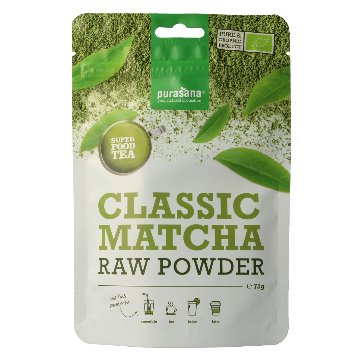 Purasana vegan organic matcha powder in a 75g container, ideal for tea or coffee brewing, with green powdered matcha leaf content.