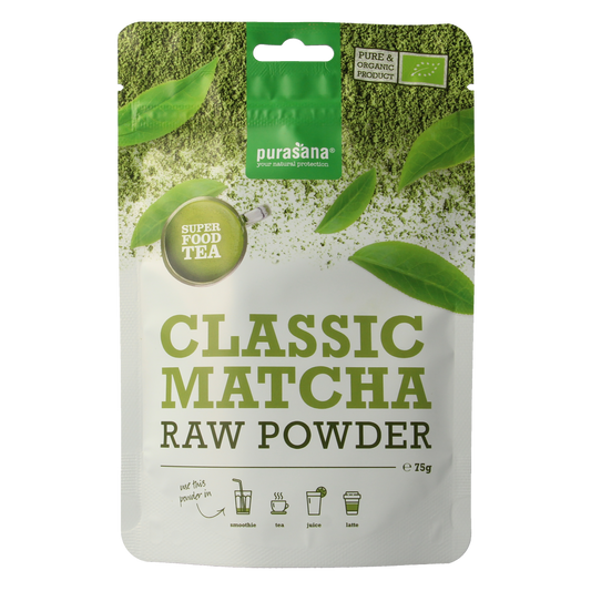 Purasana vegan organic matcha powder in a 75g container, ideal for tea or coffee brewing, with green powdered matcha leaf content.