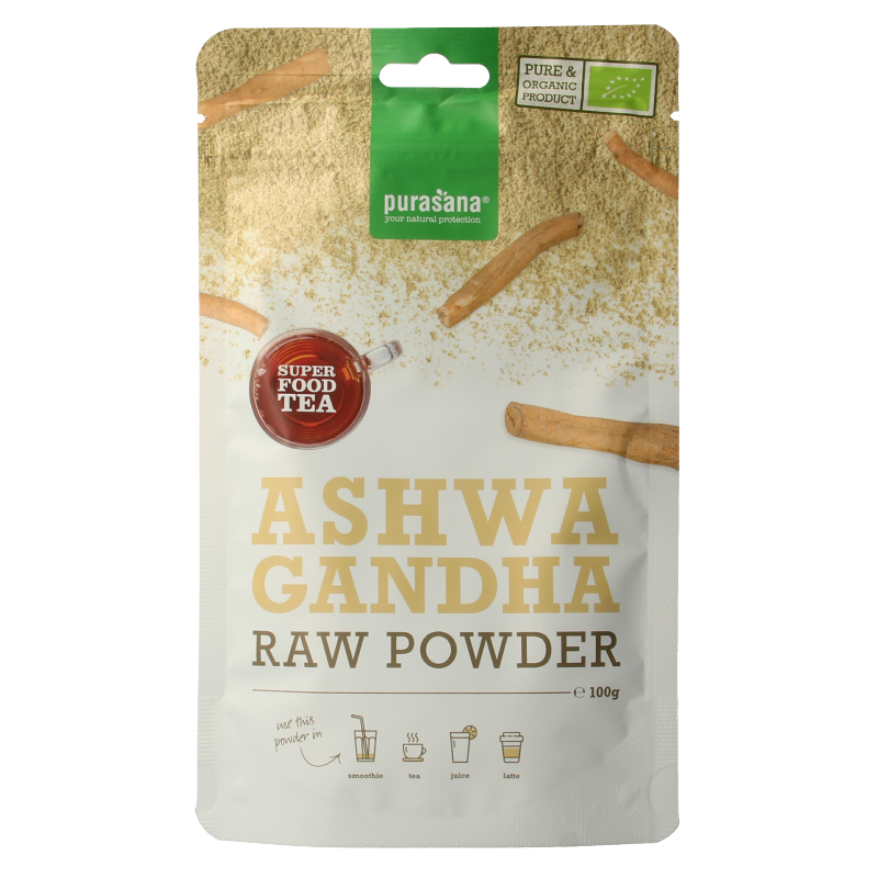 Purasana vegan bio Ashwagandha powder in a 100g package, suitable for tea and coffee preparations, shown in the image.