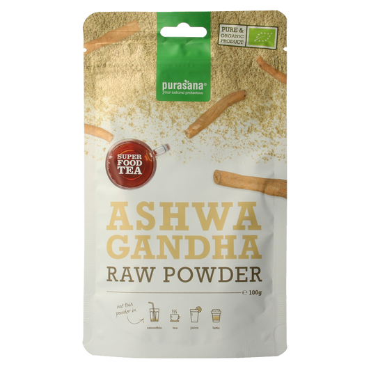 Purasana vegan bio Ashwagandha powder in a 100g package, suitable for tea and coffee preparations, shown in the image.
