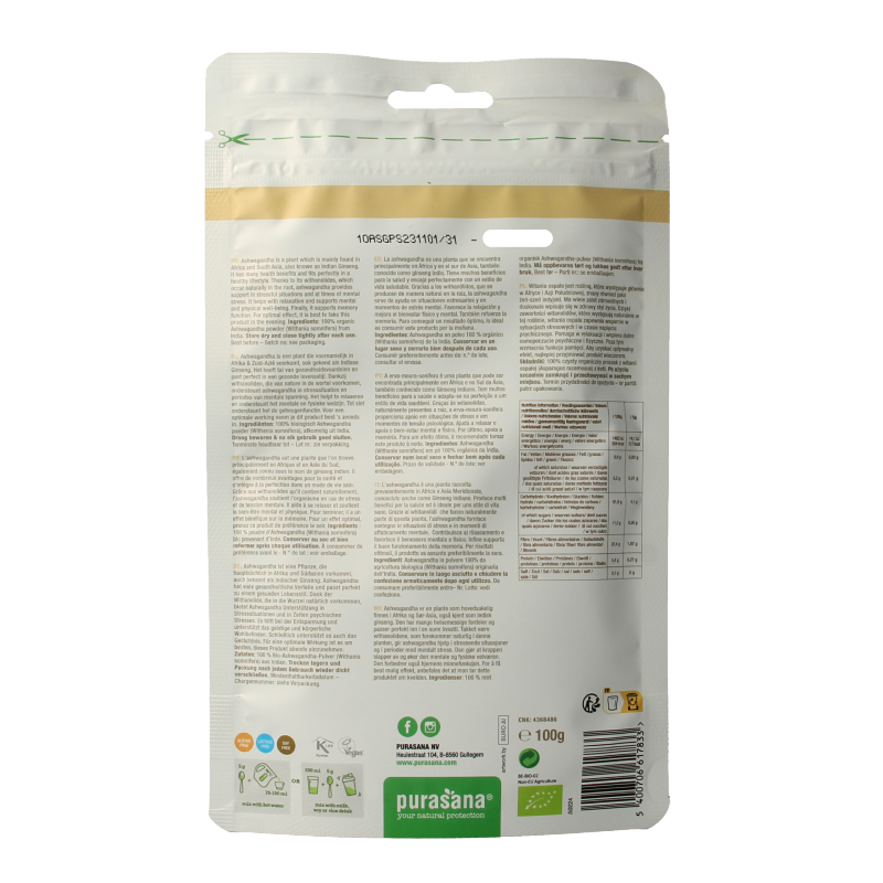 Purasana vegan Bio Ashwagandha powder in a 100g container, suitable for coffee and tea, with a natural, earthy appearance.