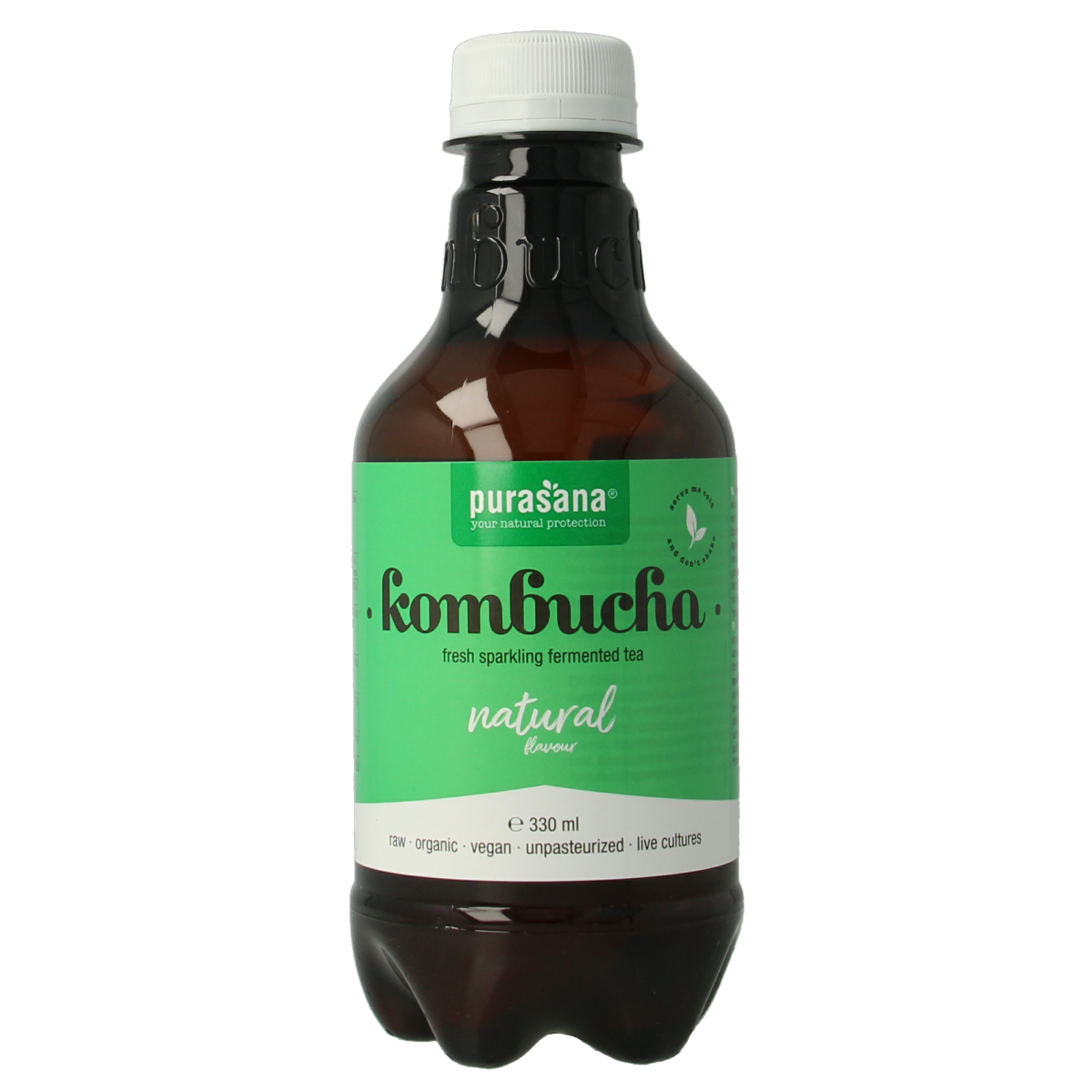 Purasana vegan organic kombucha in 330ml bottle, natural fermented drink with a cloudy appearance and kombucha culture
