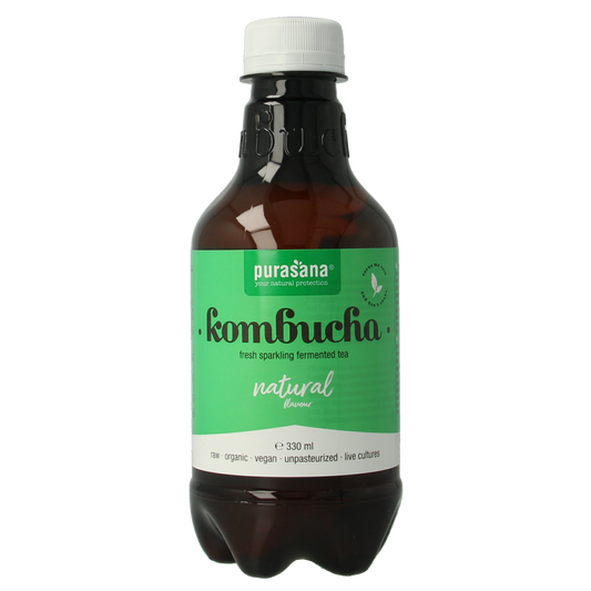 Purasana vegan organic kombucha in 330ml bottle, natural fermented drink with a cloudy appearance and kombucha culture