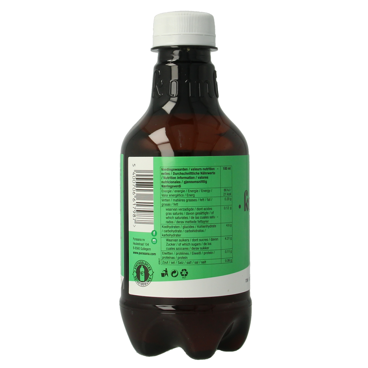 Purasana vegan organic kombucha in a 330ml bottle, showing the natural beverage with a clear label and dark glass bottle.