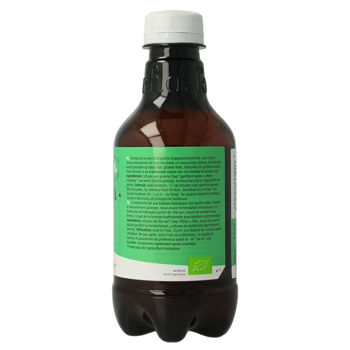 Purasana kombucha natural vegan bio in 330ml bottle, showing the drink's clear, fizzy appearance with branding on the label.