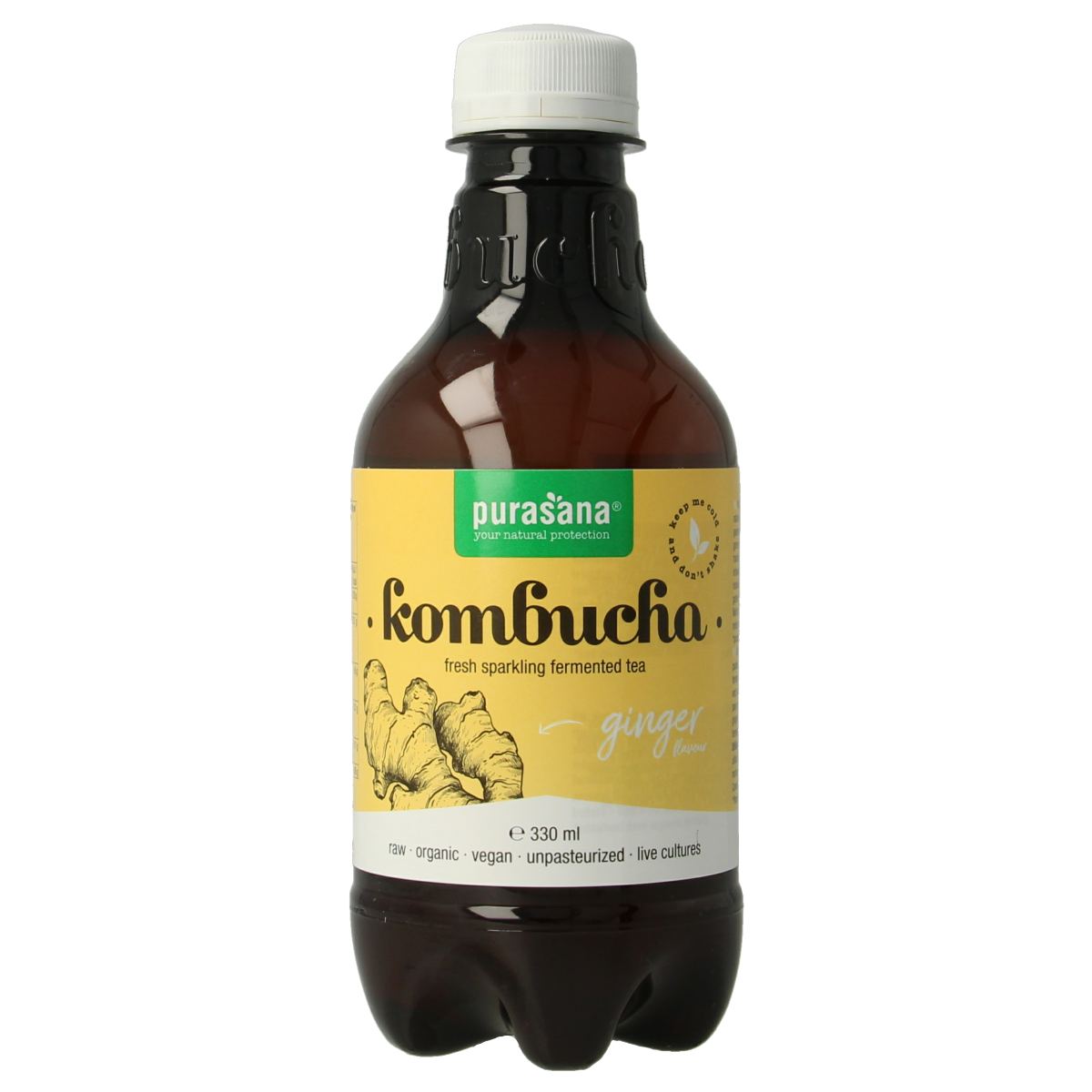 Purasana vegan organic ginger kombucha in 330ml bottle, showing the label and beverage inside.