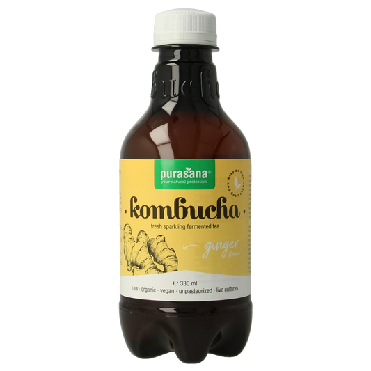 Purasana vegan organic ginger kombucha in 330ml bottle, showing the label and beverage inside.
