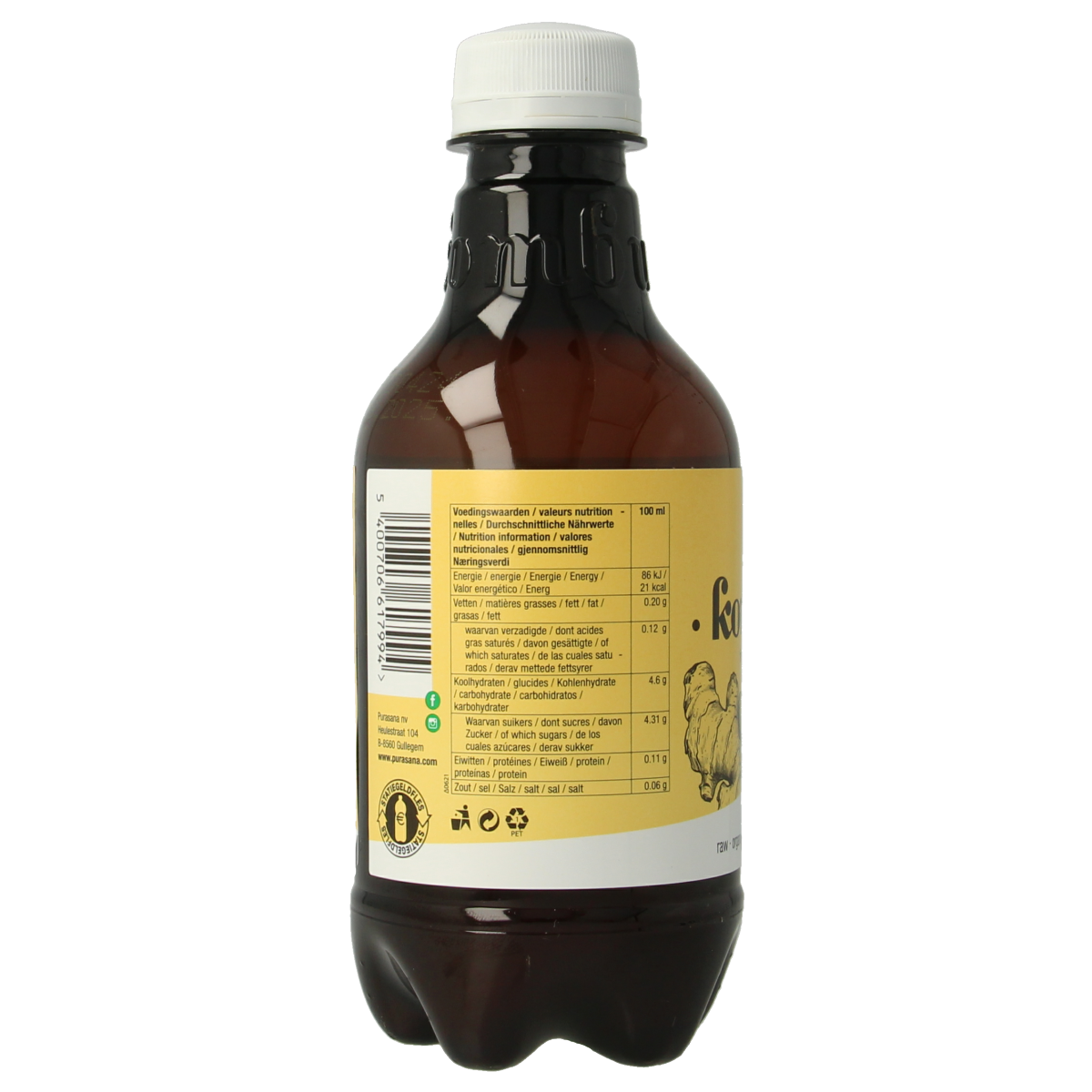 Purasana vegan organic ginger kombucha drink in 330ml bottle, featuring fermented tea with ginger flavor.