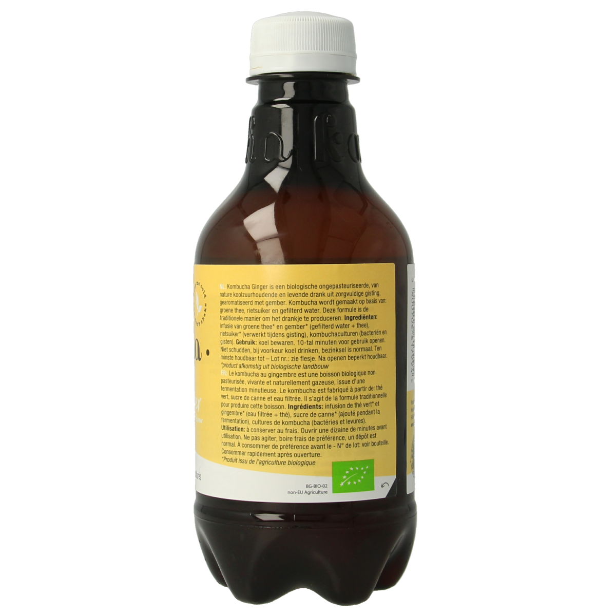 Purasana vegan organic ginger kombucha in a 330ml bottle, natural fermented drink with ginger flavor.