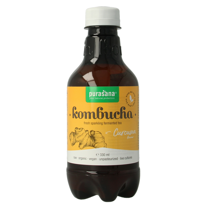 Purasana Kombucha with turmeric, vegan, organic, 330ml bottle, featuring a vibrant label and the drink inside.