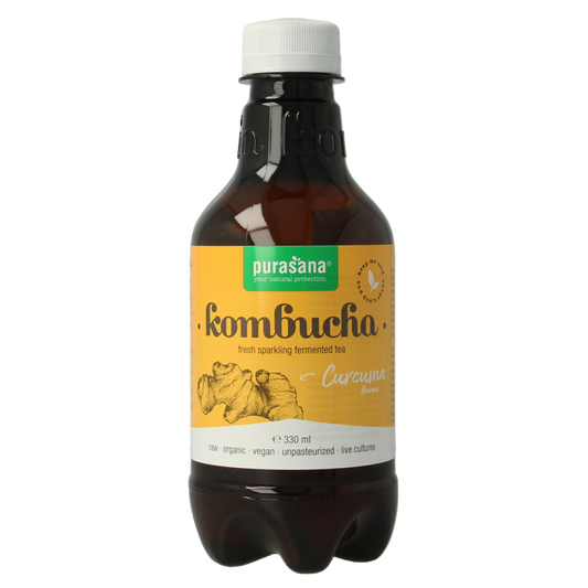 Purasana Kombucha with turmeric, vegan, organic, 330ml bottle, featuring a vibrant label and the drink inside.