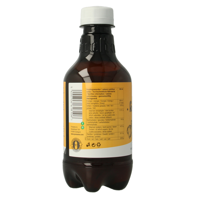 Purasana vegan bio kombucha with turmeric in 330ml bottle, brewed tea with natural ingredients and vibrant label.