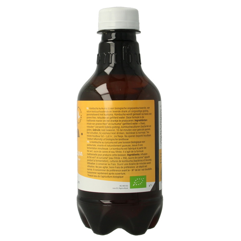Purasana organic turmeric vegan kombucha in a 330ml bottle, showcasing the golden color and label design for coffee and tea enthusiasts.