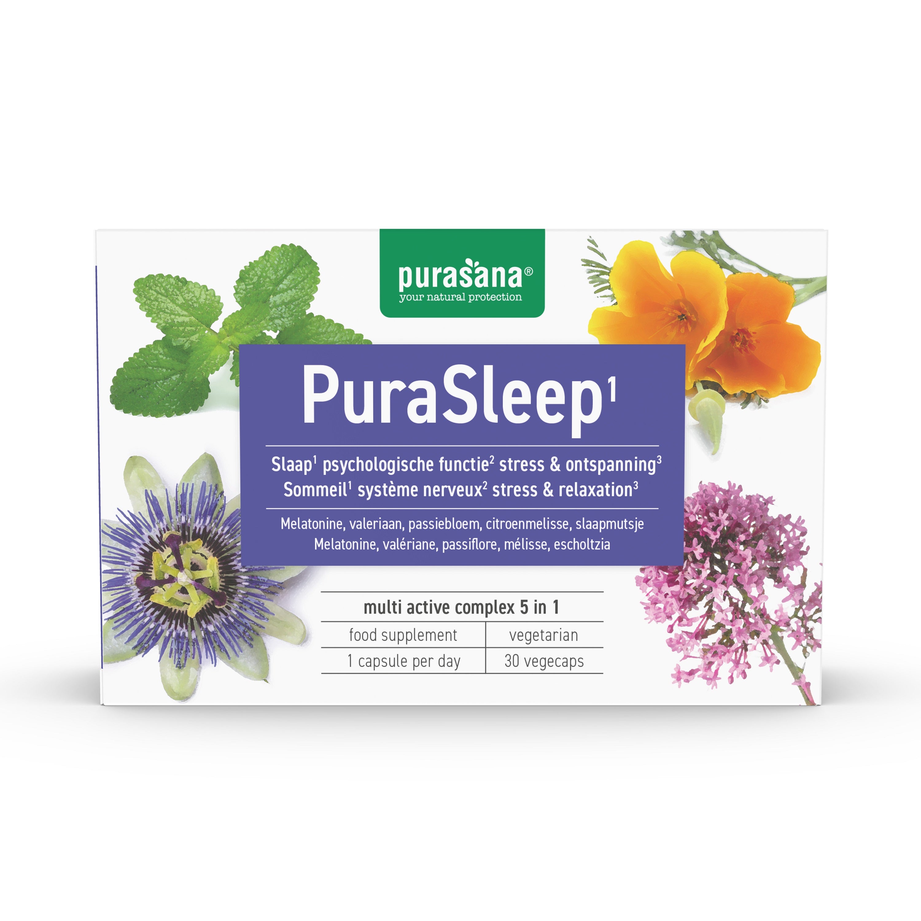 Purasana Purasleep herbal capsules in a bottle, dietary supplement for better sleep, vegetarian, natural herbal remedy.