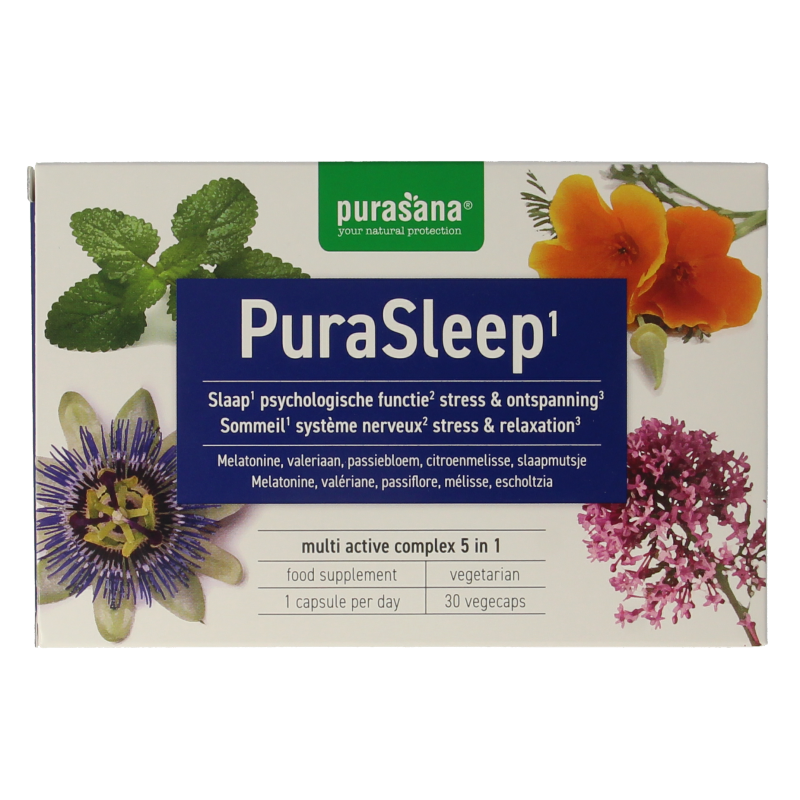 Purasana Purasleep herbal capsules in a bottle, vegetarian supplement for sleep support, natural herbal remedy from Purasana.