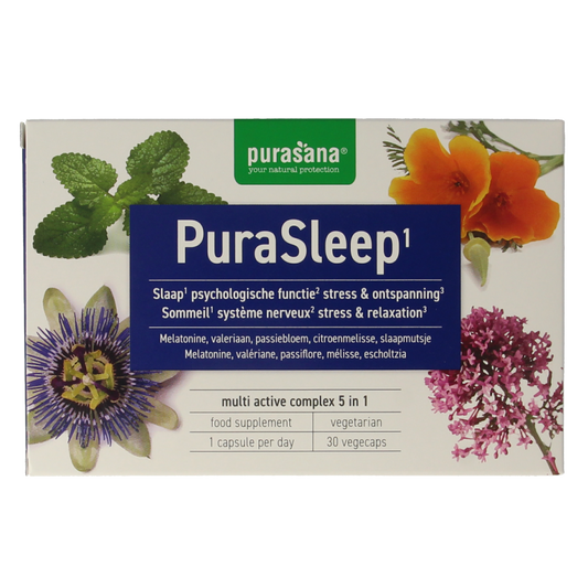 Purasana Purasleep herbal capsules in a bottle, vegetarian supplement for sleep support, natural herbal remedy from Purasana.