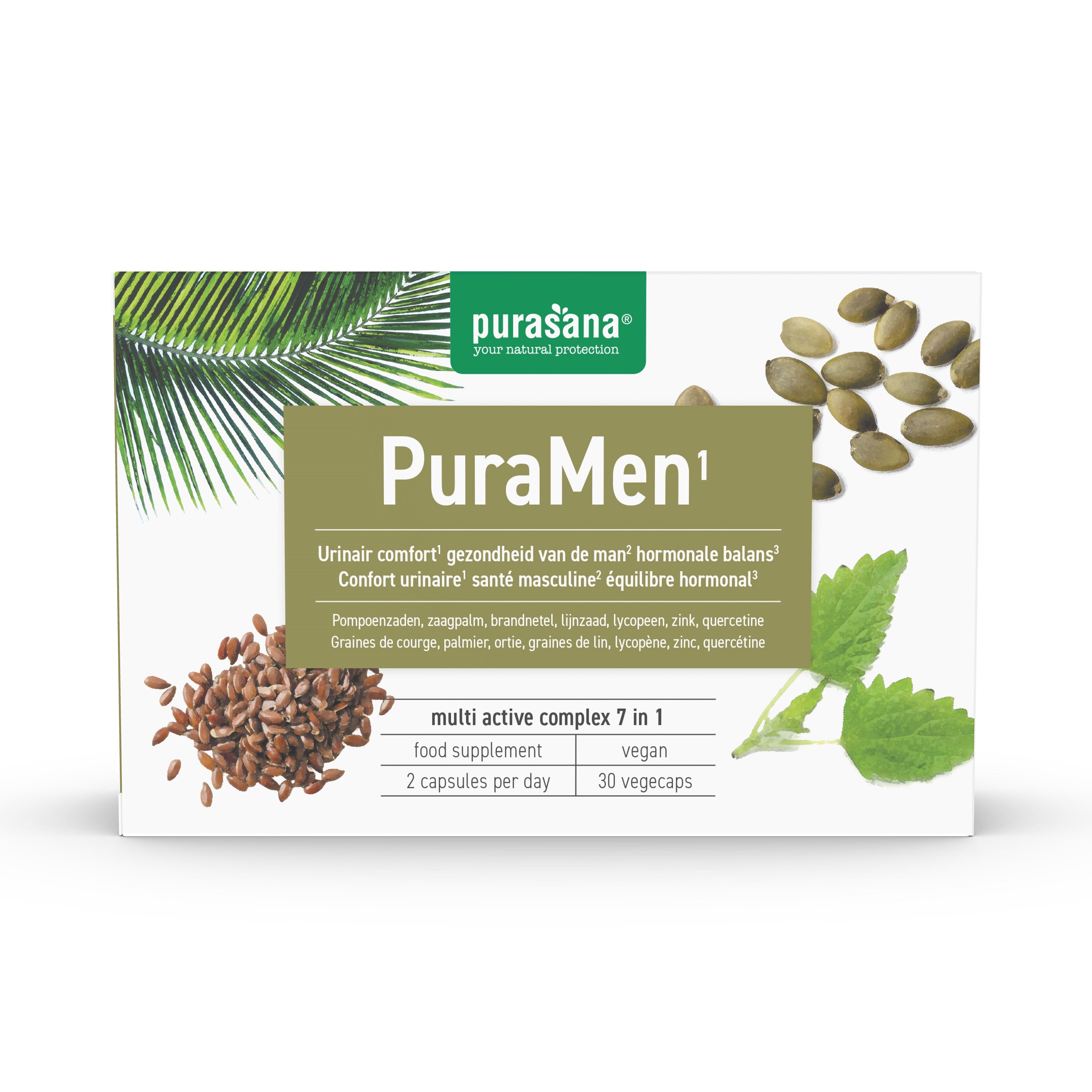 Purasana Puramen vegetarian capsules in a glass jar, herbal supplement for wellness, displayed on a white background.