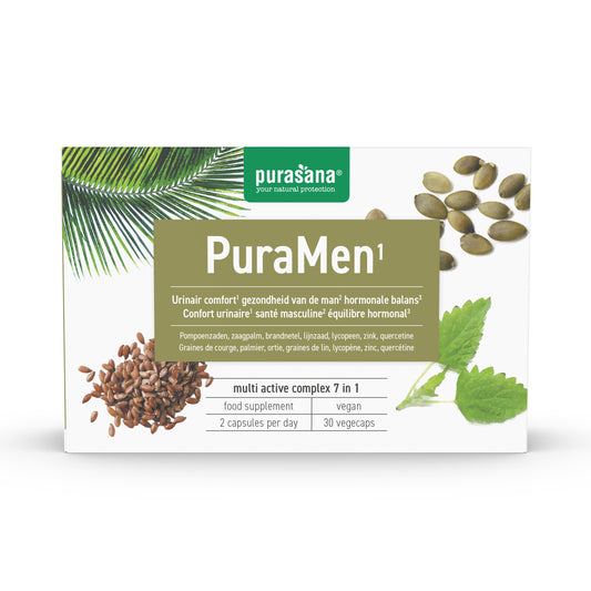 Purasana Puramen vegetarian capsules in a glass jar, herbal supplement for wellness, displayed on a white background.