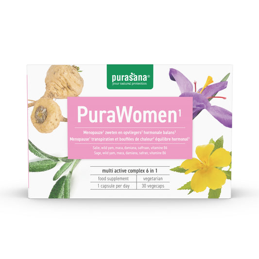 Purasana Purawomen vegetarian herbal capsules in a blister pack, designed for women’s health and wellness.