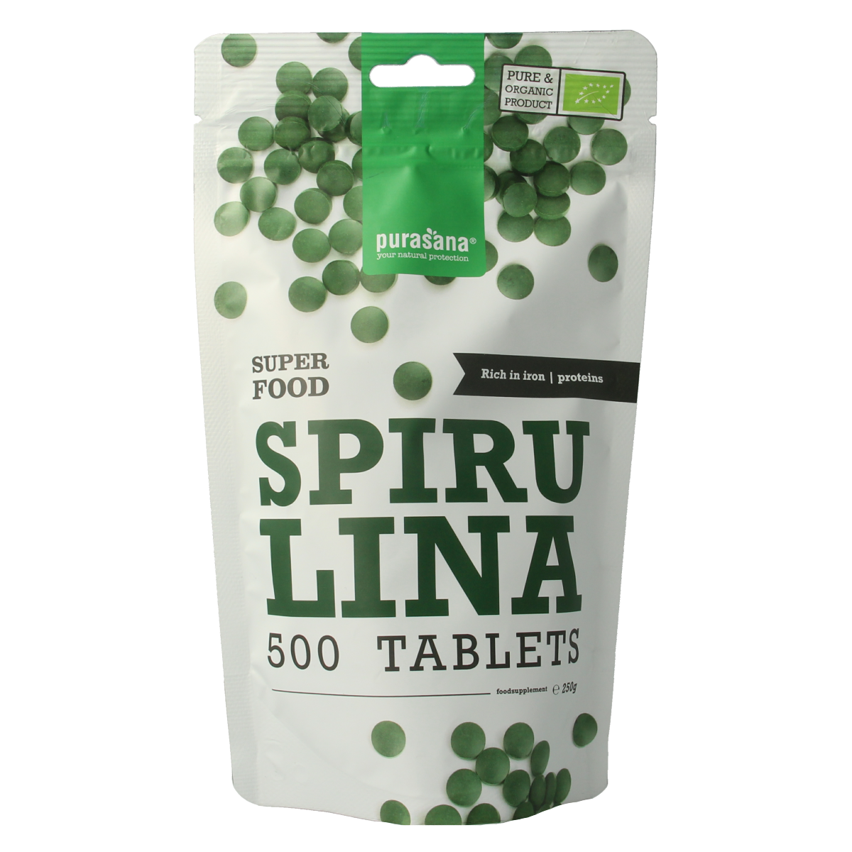 Purasana Spirulina 500mg organic tablets in a container, dietary supplement for health and wellness.