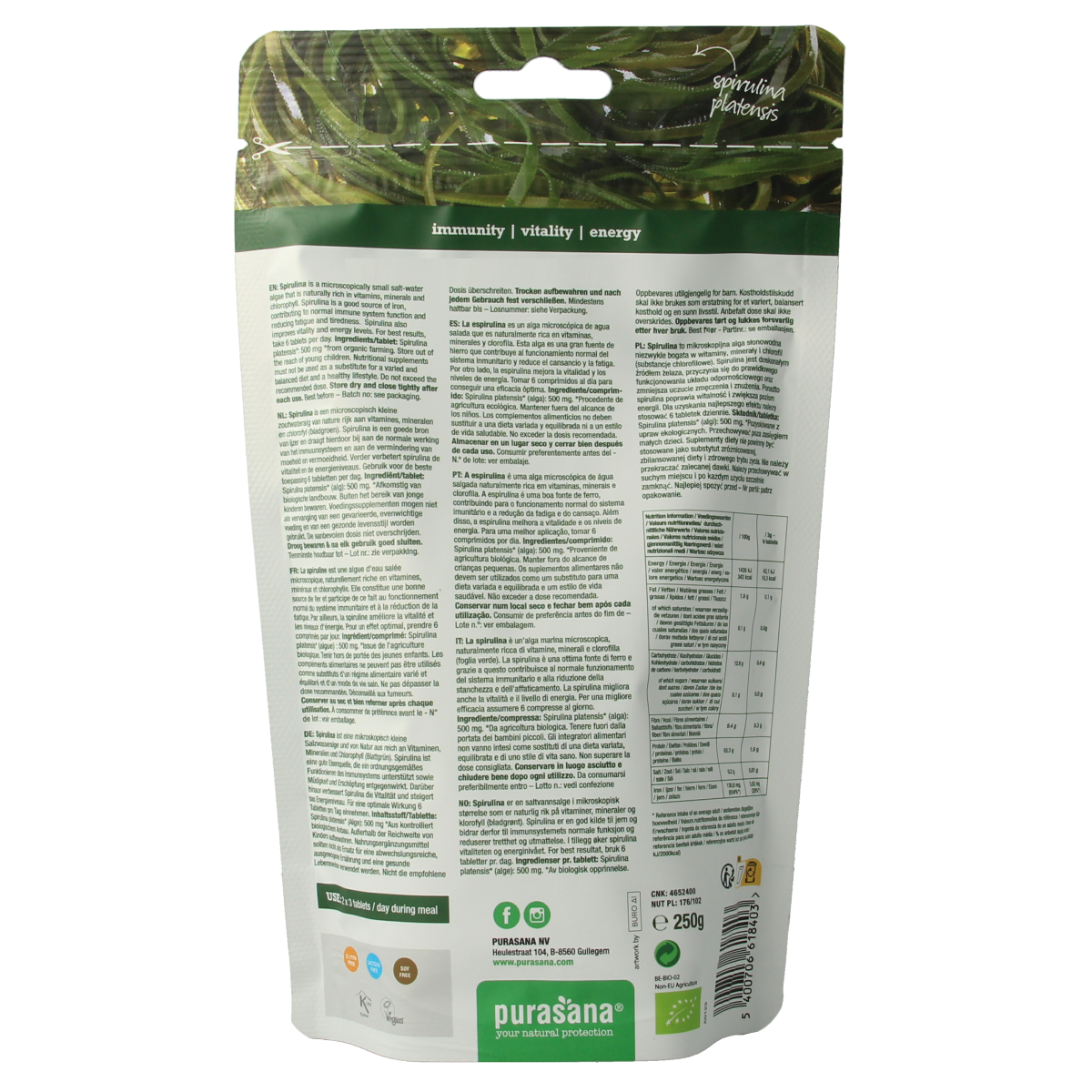Purasana Spirulina 500mg organic tablets, green supplement in a blister pack, dietary and herbal preparation.