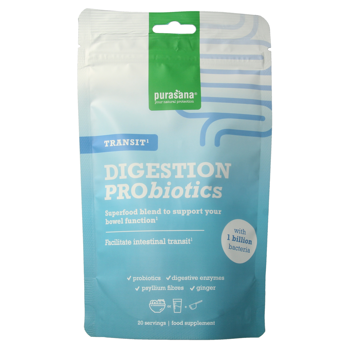 Purasana Digestion Pro Transit herbal supplement in a 140g container, featuring natural ingredients for digestive health.