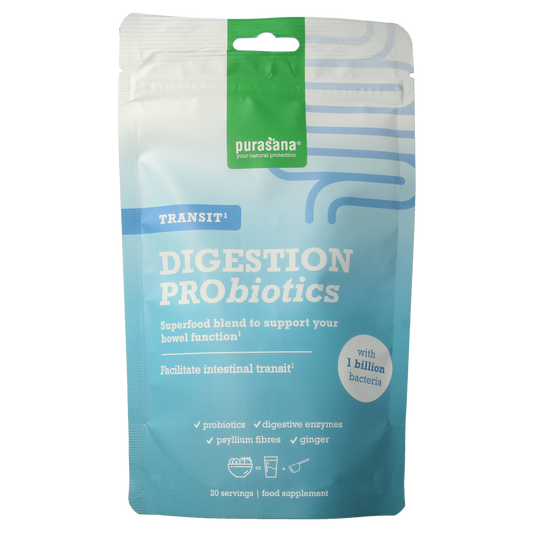 Purasana Digestion Pro Transit herbal supplement in a 140g container, featuring natural ingredients for digestive health.