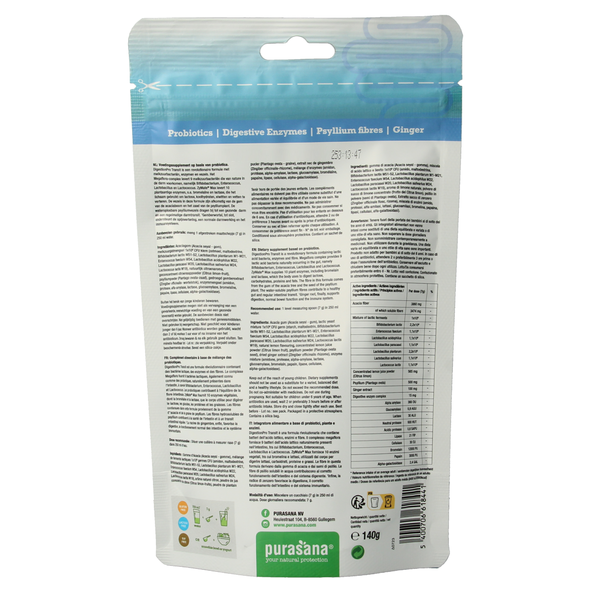Purasana Digestion Pro Transit herbal supplement in a 140g container, featuring natural ingredients for digestive support.