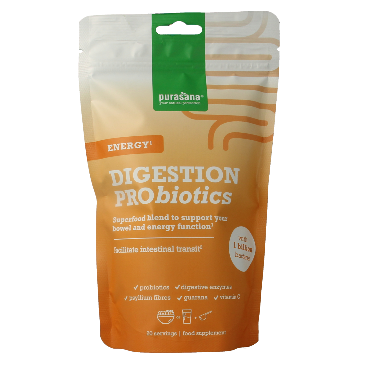 Purasana Digestion Pro Energy multivitamin supplement in a 140g container, featuring colorful fruit illustrations on the label.