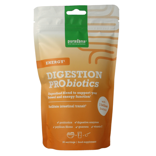 Purasana Digestion Pro Energy multivitamin supplement in a 140g container, featuring colorful fruit illustrations on the label.