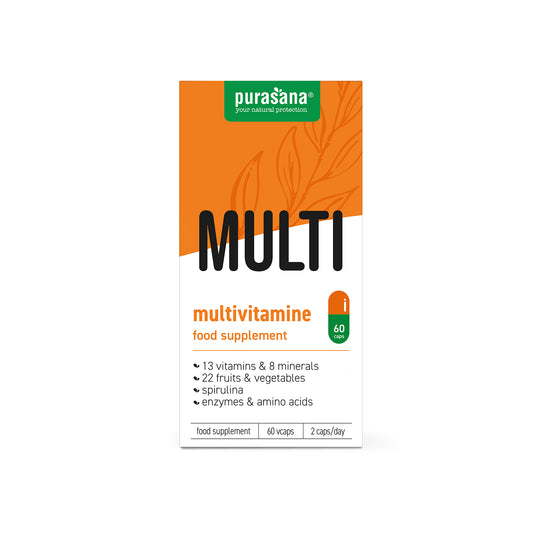 Purasana multivitamine vegetarische capsules, dietary supplement with colorful vitamin capsules in a bottle.