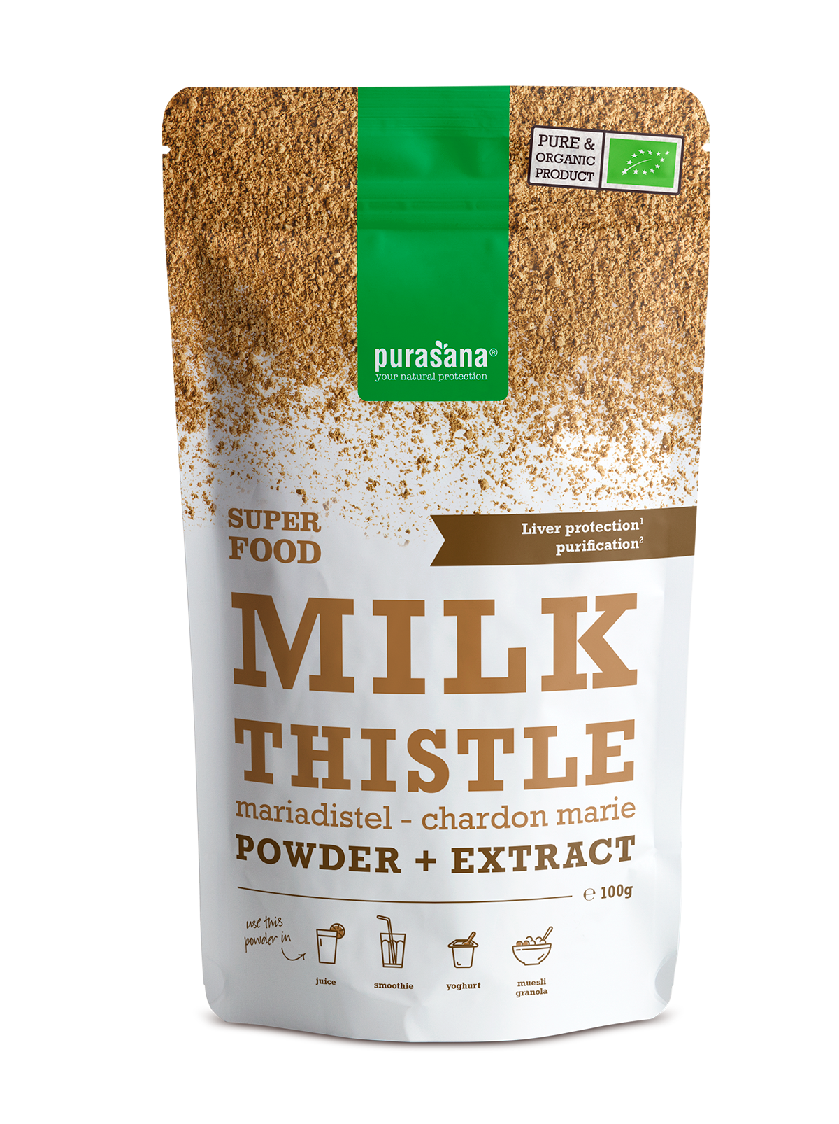 Purasana Mariadistel powder and extract in a 100g package, organic herbal supplement, shown in a clear container.