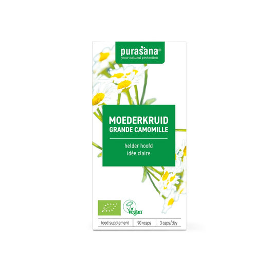 Purasana Moederkruid vegan bio capsules in a bottle, herbal supplement for natural health, vegetarian herbal capsules.