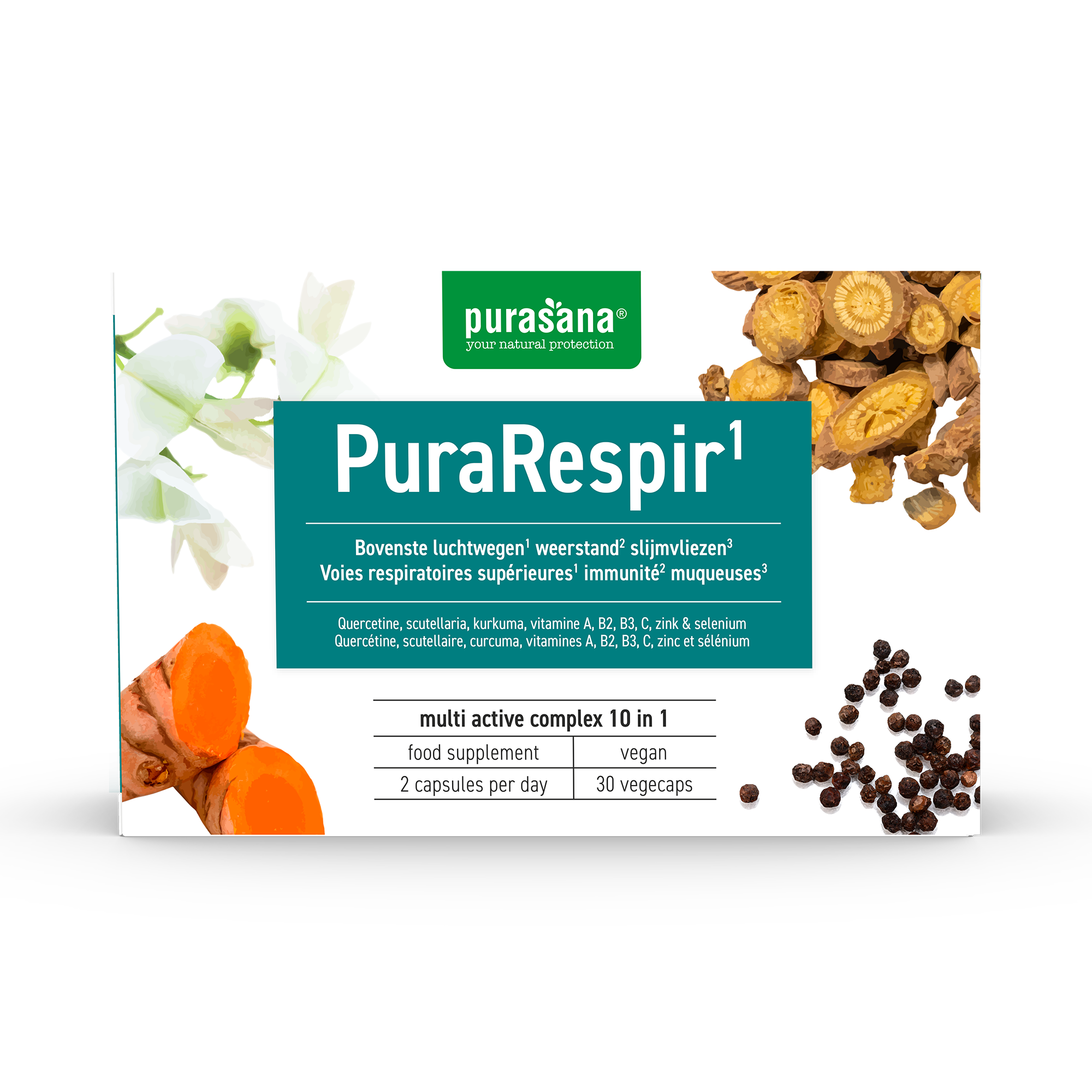 Vegetarian Purasana Purarespir mineral capsules in a transparent bottle with a label, showing capsules inside.