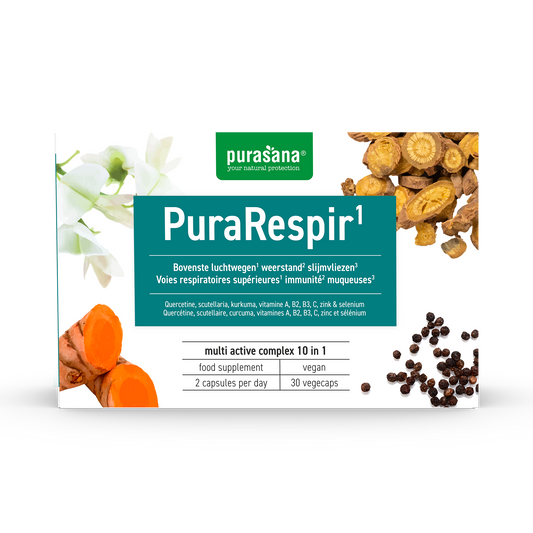 Vegetarian Purasana Purarespir mineral capsules in a transparent bottle with a label, showing capsules inside.