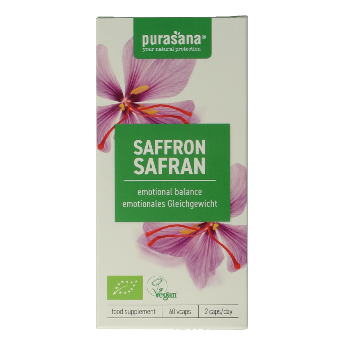 Purasana Saffraan vegan bio capsules in a container, herbal supplement from Purasana, vegetarian saffron extract capsules.