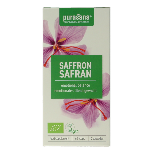 Purasana Saffraan vegan bio capsules in a container, herbal supplement from Purasana, vegetarian saffron extract capsules.
