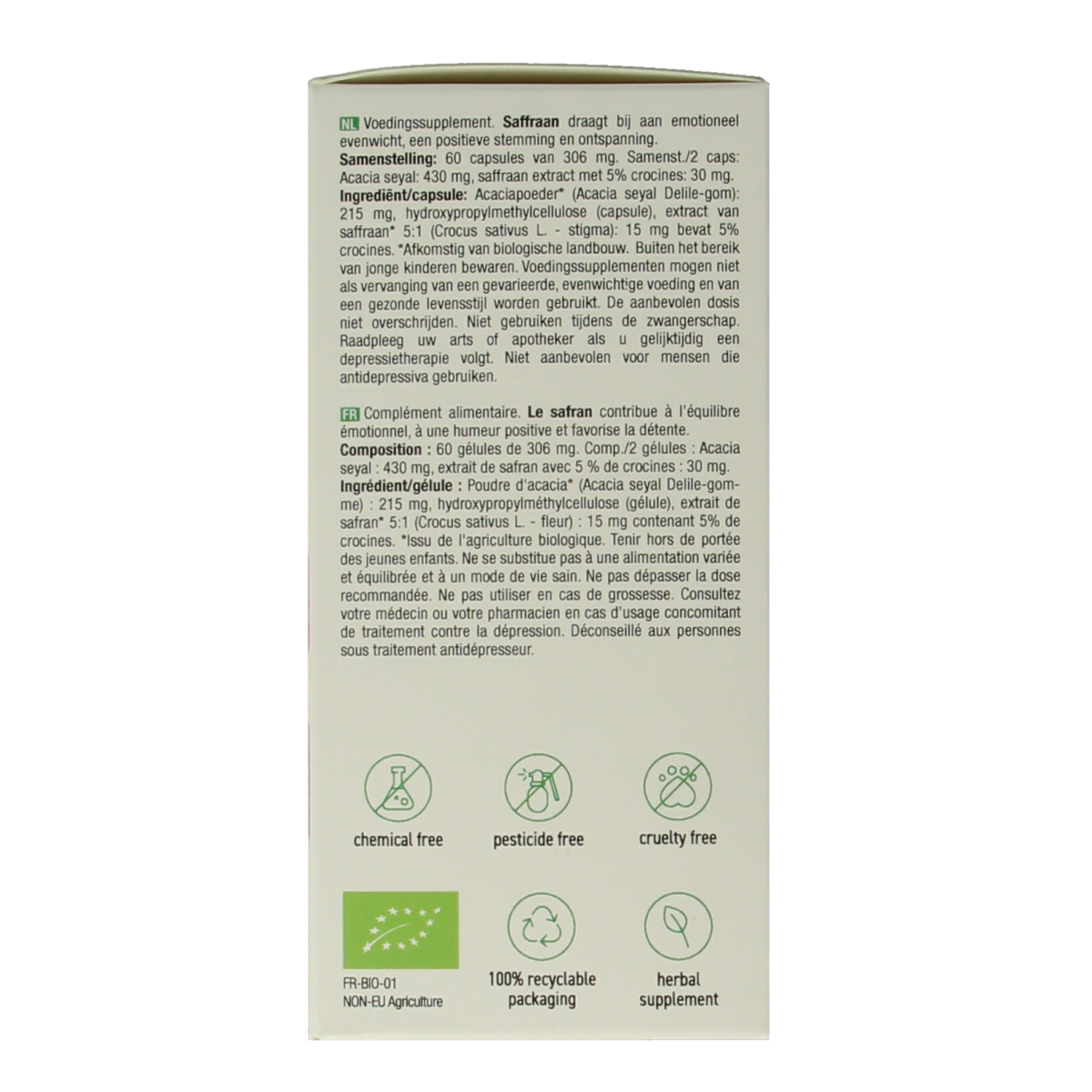 Purasana Saffraan vegan bio capsules in a bottle, herbal supplement packaging, with capsules visible inside.