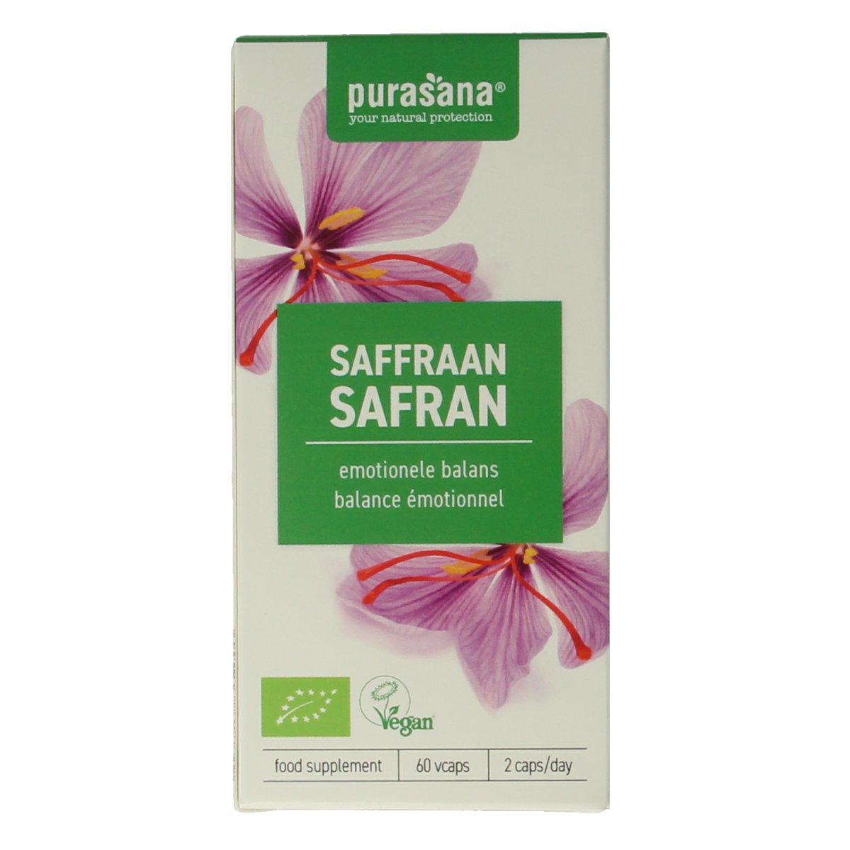 Purasana Saffraan vegan bio capsules in a bottle, herbal supplement for wellness, vegetarian product by Purasana.