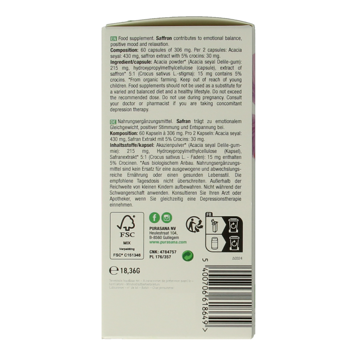 Purasana Saffraan vegan bio capsules in a jar, herbal supplement for wellness, vegetarian dietary supplement.