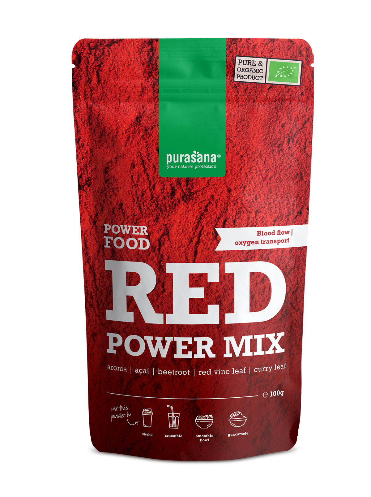 Purasana Red Power Mix Bio dietary supplement package with vibrant red, green, and purple ingredients on the label