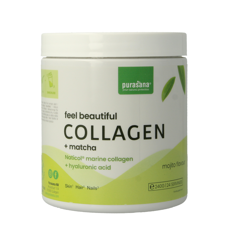 Purasana Collageen Matcha Feel Beautiful herbal supplement in a 240g container, with green matcha powder visible in the image.